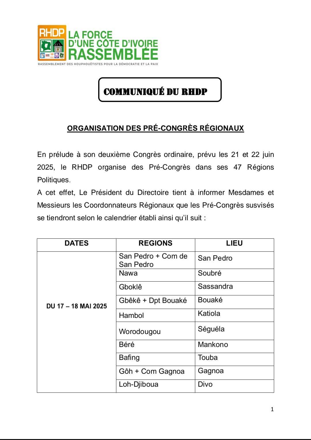 Communiqué du Rassemblement des Houphouëtistes pour la Démocratie et la Paix (#RHDP) Organisation des Pré-Congrès régionaux.