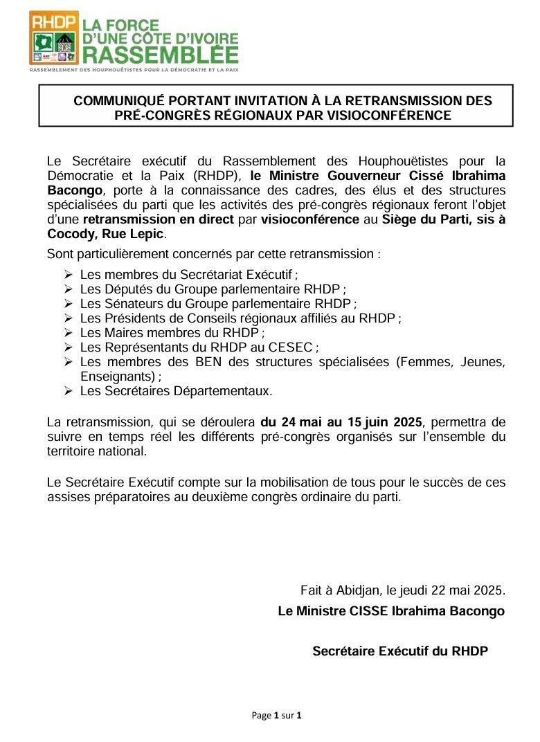 COMMUNIQUÉ PORTANT INVITATION À LA RETRANSMISSION DES PRÉ-CONGRÈS RÉGIONAUX PAR VISIOCONFÉRENCE